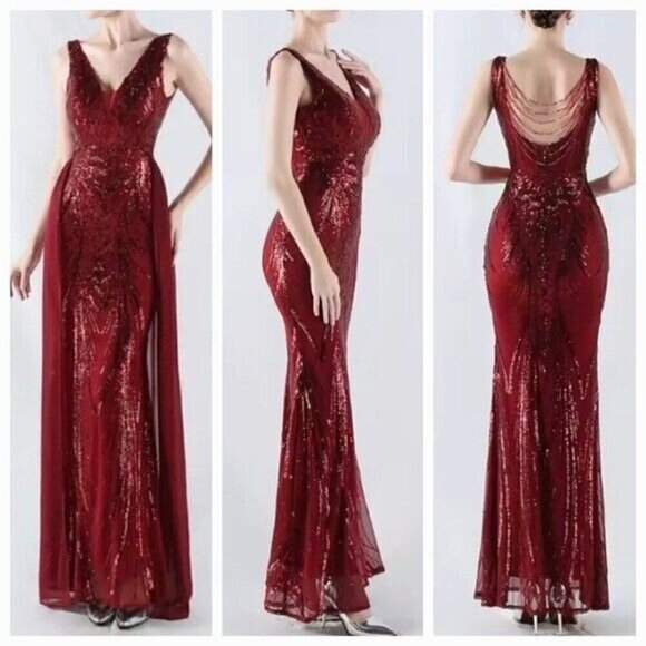 Red, Double V, Beaded Back, Draped Skirt, Sequined Mermaid Gown - Picture 2 of 15